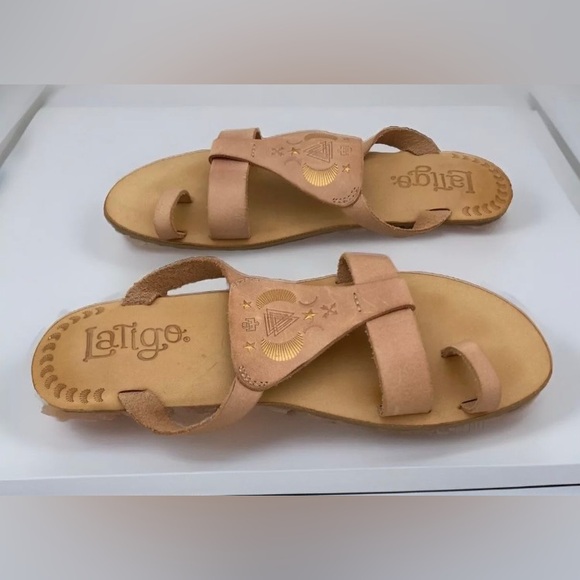 Latigo Embroidered Beige Leather Women’s Toe Loop Flat Sandals Thong Size 7.5 - Picture 4 of 7